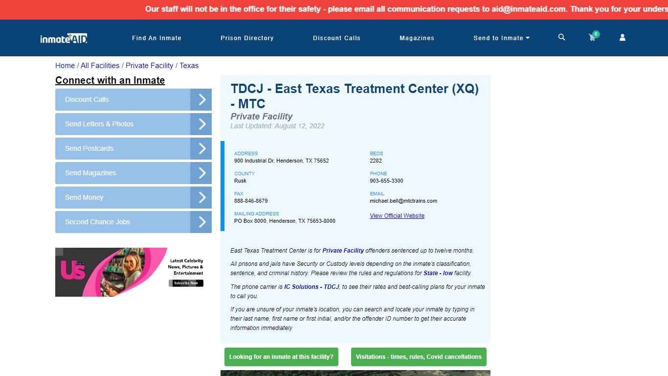 TDCJ - East Texas Treatment Center (XQ) - MTC - Inmate ...